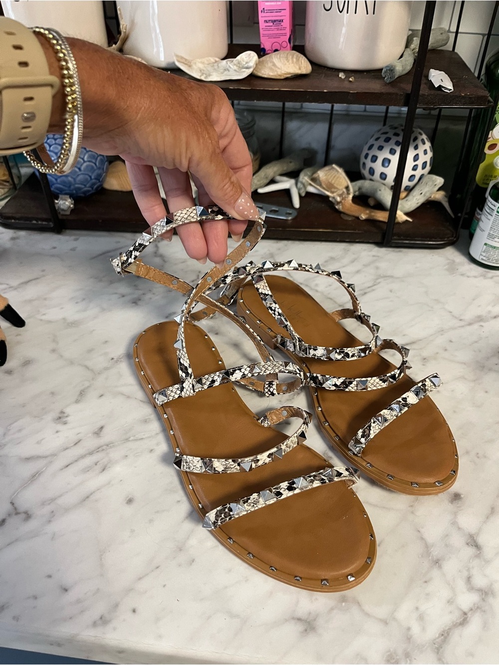 Nicole Miller Snake-Print Strappy Flat Sandals in Brown and White
